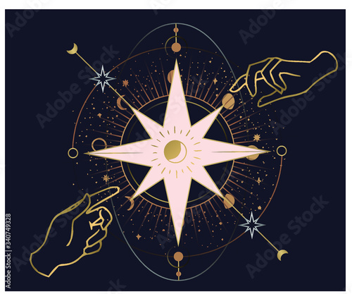 Hands set in simple flat esoteric boho style. Feminine hand logo collection with different symbol like space star planet, floral herb, moon and sun, heart love, eye, fire, drop. Vector illustration.