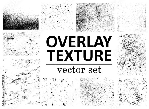 Grunge overlays vector. Different paint textures with splay effect and drop ink splashes. Dirty grainy stamp and scratches and damage marks. Urban grunge overlay. Vector illustration