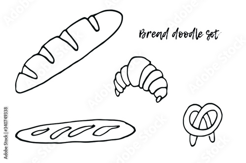 Set of pastries sketch black on white background. Baguette, baton, pretzel, croissant Doodle illustration. Various sorts of bread in lines. For bakery, logo, postcards 300 DPI