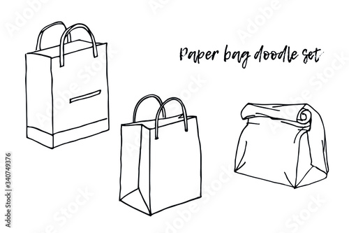 Set of shopping bags isolated. Line sketch style. Black and White hand drawn illustration on white background. Package. Paper bags. Doodle style. Sale 300 DPI