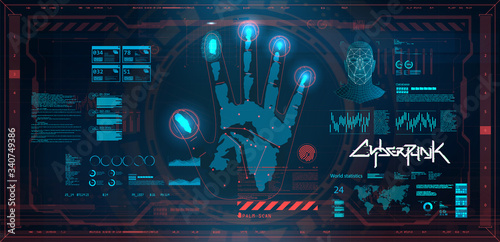 Futuristic scanning hand, palm, fingers and face in HUD style. Biometric recognition system. GUI, UI, HUD smart program personal identification. HUD biometric system, Cyberpunk user interface. Vector