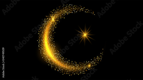 Glitter crescent with shiny color sparkle design element with glitter effect on black backdrop. Gold shine texture. Full moon night background. Design concept party or celebration on black background.