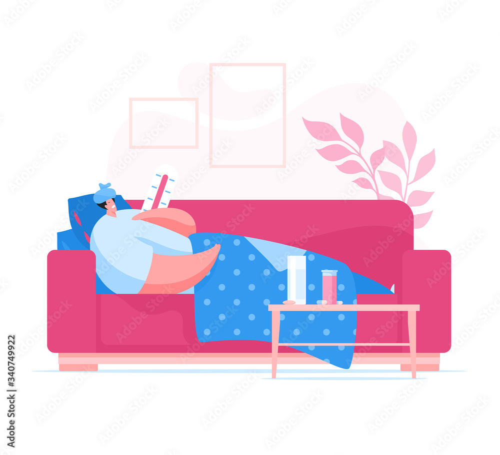 Sick man suffering from fever at home Sick man suffering from fever at home