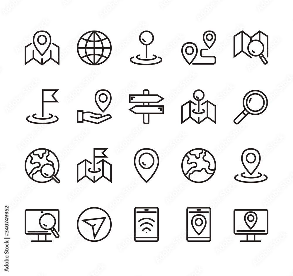 Navigation road location destination line icon isolated simple set. Vector graphic design concept Navigation road location destination line icon isolated simple set. Vector graphic design concept
