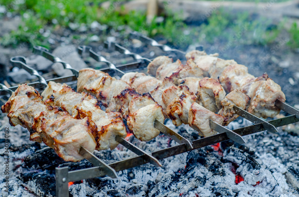 meat on the grill.  kebab on the grill closeup on a picnic. Close-up meat. Picnic outside
