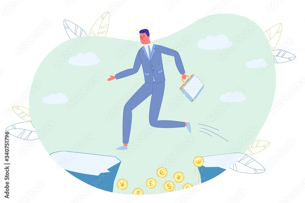 Businessman Jumping over Rock Gorge with Money