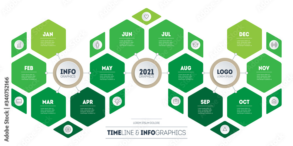 Gardener's calendar template with 12 months, steps or processes. Time line with icons. Vector.