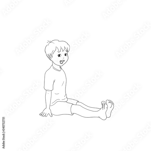 Kids Yoga - Joga f  r Kinder  Asana Stock Stab  horizontal Banner Design Concept Cartoon. Junge barfu   in Yoga Haltung  macht fr  hliches Gesicht. Yogi Logo auf Hintergrund in wei  .