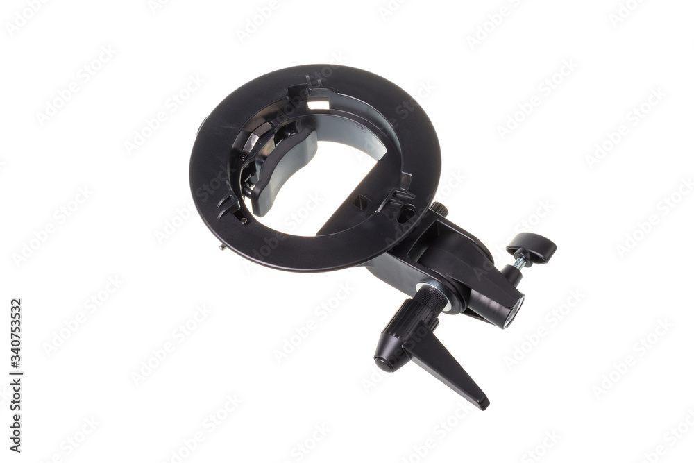 Hand flash adapter holder for softbox studio lighting tripod stand, isolated on white background Hand flash adapter holder for softbox studio lighting tripod stand, isolated on white background