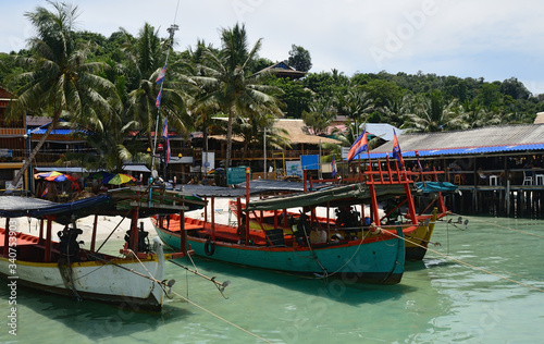 traditional khmer boats on the beach of Koh Rong Island near Sihanoukville, Gulf of Thailand, Cambodia