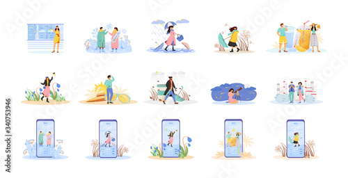 Seasonal flat concept vector illustrations set. Daily temperature forecast in mobile app. Outfit for autumn and winter. Weather metaphors. Woman and man in spring 2D cartoon characters