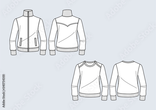 Felpa uomo girocollo e zip disegno piatto sketch fashion illustration fronte e retro mock up vettoriale