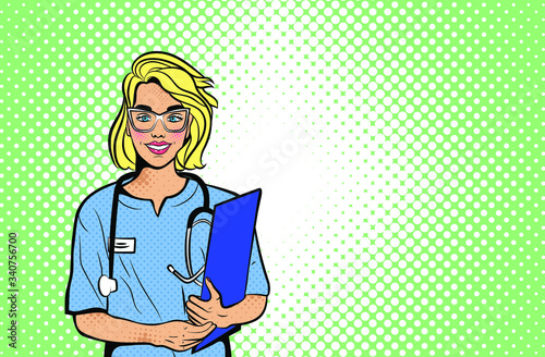 Doctor in pop art style. Vector background in comic style retro pop art. Illustration for print advertising and web.