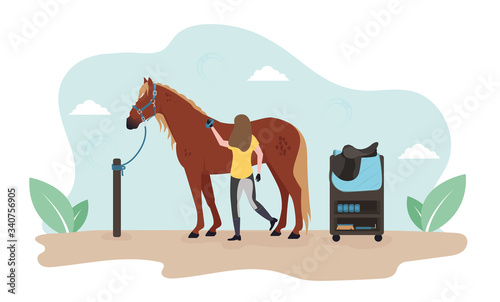 Illustration of a horse cleaning. A woman is cleaning a horse. Girl washes a horse