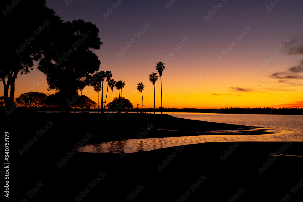 Silhouette of Palm Trees and a spectacular Sunset over Mission Bay San Diego California