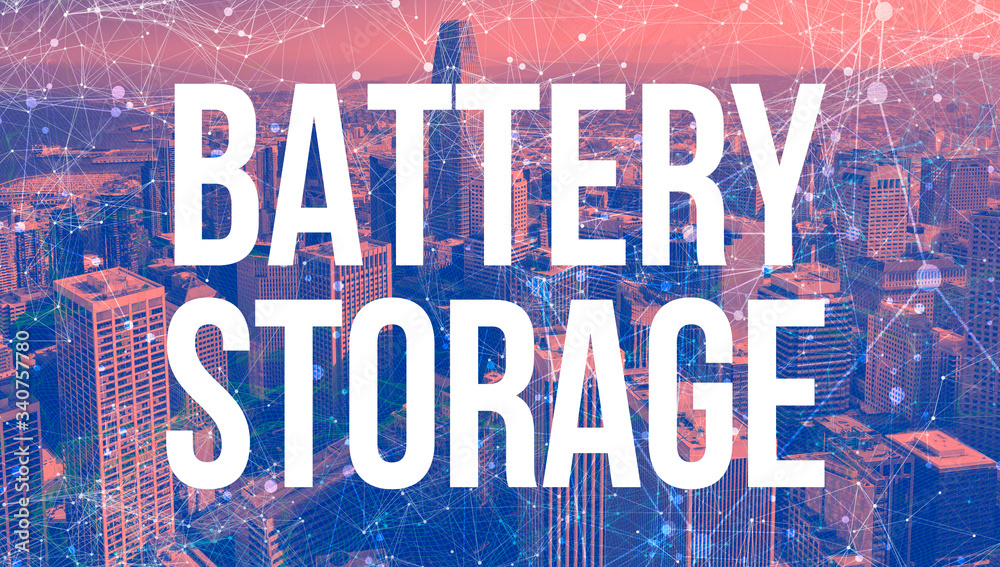 Fototapeta premium Battery Storage theme with abstract network patterns and downtown San Francisco skyscrapers