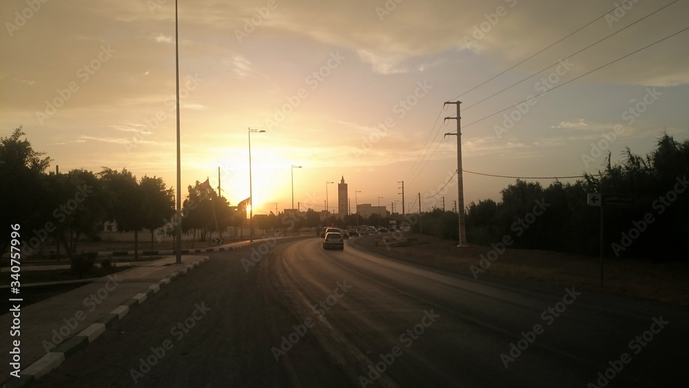 Sunset, road to the city, summer time, trees, highway, trip