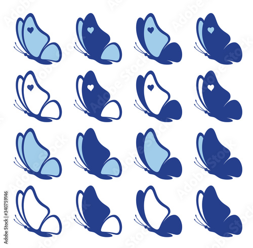 Set of nice blue butterflies with hearts isolated on a white background. Side view of a butterfly silhouette is perfect for wedding invitations, logo and gift vouchers