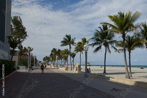 Hollywood Beach Miami. Playa grande, palmeras y un camino © Claudio