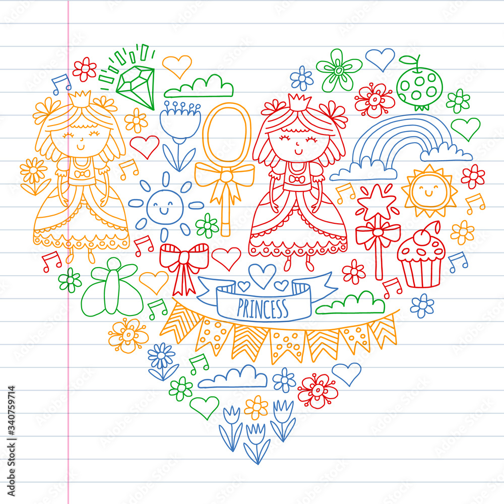 Vector pattern for little girls. Princess illustration for happy birthday party. Vector pattern for little girls. Princess illustration for happy birthday party.