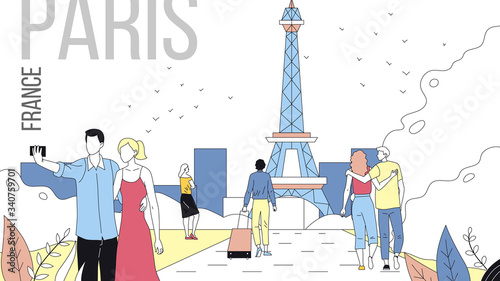 Concept Of Travelling To Paris, France Cityscape with Landmarks. People Book Tour, Enjoy the View Of Eiffel, Make Selfie, Have A Good Time Together. Cartoon Linear Outline Flat Vector Illustration