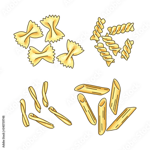 Set of different pasta types: farfalle, casarecce, fusilli, and penne. Illustration of Italian cuisine staples. Uncooked pasta isolated on white background.