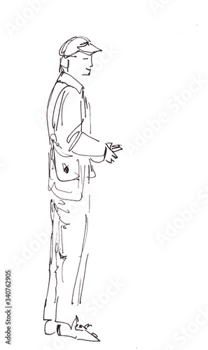 A drawing of a person. Man checks entrance tickets with a scanner in his hands. Graphic drawing.