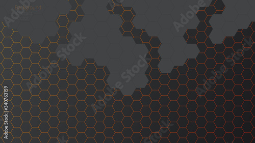 Vector abstract, geometric background, metallic hexagonal shapes on a classic dark gradient background. For banner, printing design, place for text. Copyspace.