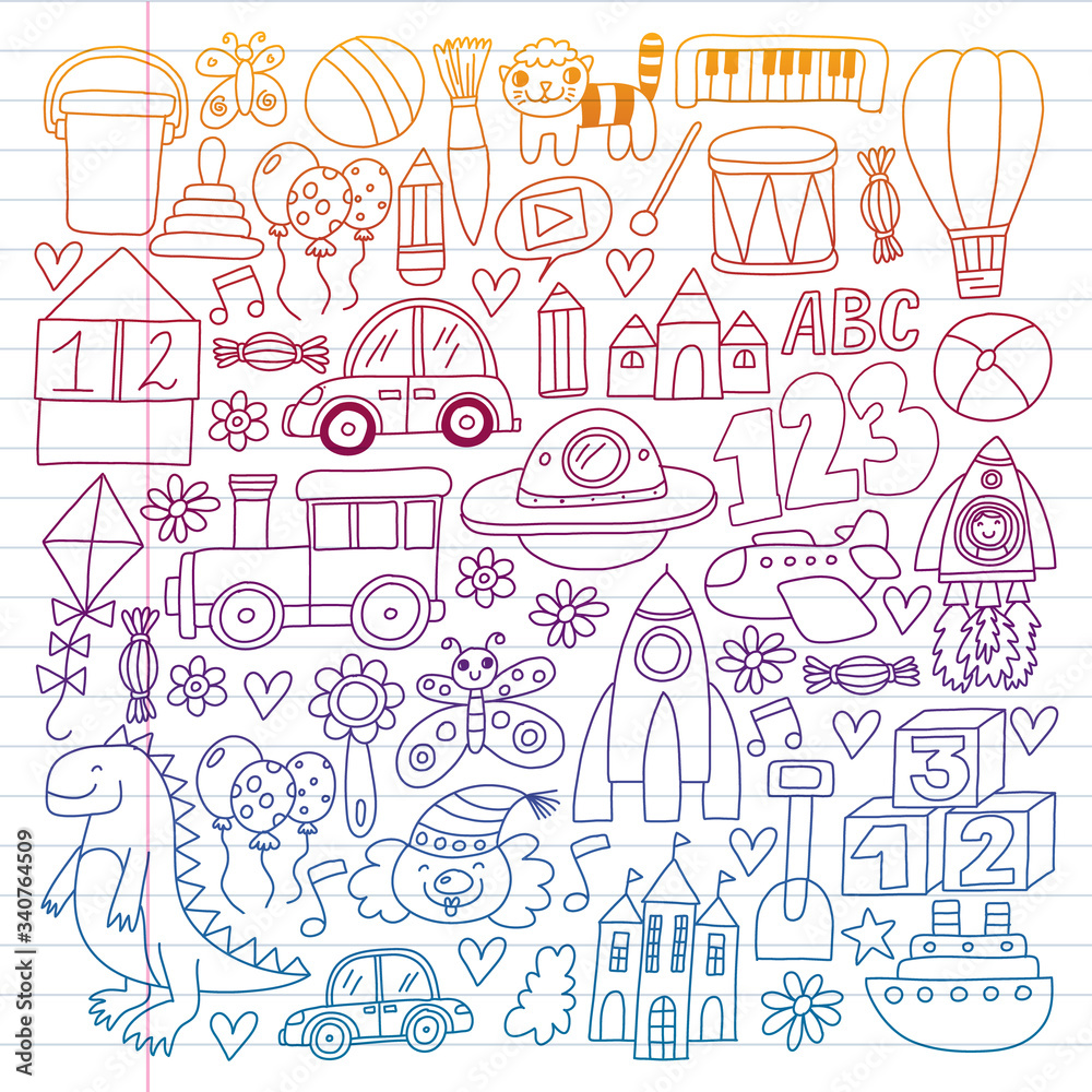 Vector pattern with children toys. Robot, rocket, horse, doll Vector pattern with children toys. Robot, rocket, horse, doll