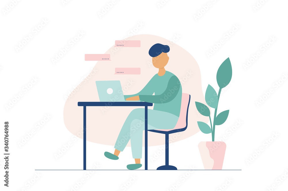 vector illustration. a man sits on a chair and works at a table on a laptop. near flower and pink color background