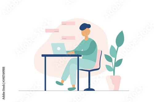 vector illustration. a man sits on a chair and works at a table on a laptop. near flower and pink color background