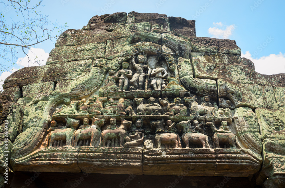 Carving on lintel in Preah Khan ancient temple, Angkor Wat, Siem Reap, Cambodia