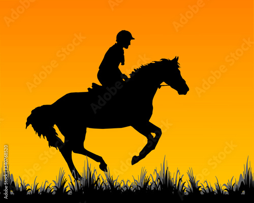 athlete rider galloping on a horse  black and photo silhouettes on a  colored background  