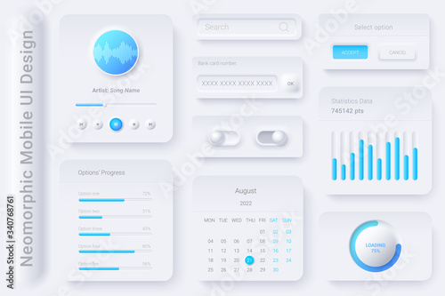 Neomorphic UI UX white design elements kit vector template for Mobile and Web apps Neomorphism style