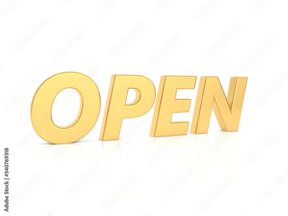 OPEN - inscription in gold letters on a white background. 3d render illustration. OPEN - inscription in gold letters on a white background. 3d render illustration.
