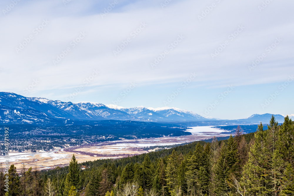 panoramic view of valley and mountains in Fairmont Hot Springs British Columbia Canada.