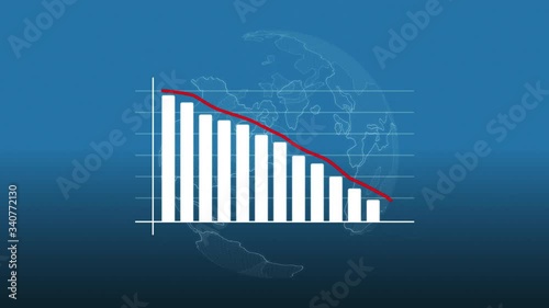 Declining bar chart animation with rotating earth, symbolizing global crisis, recession or depression photo