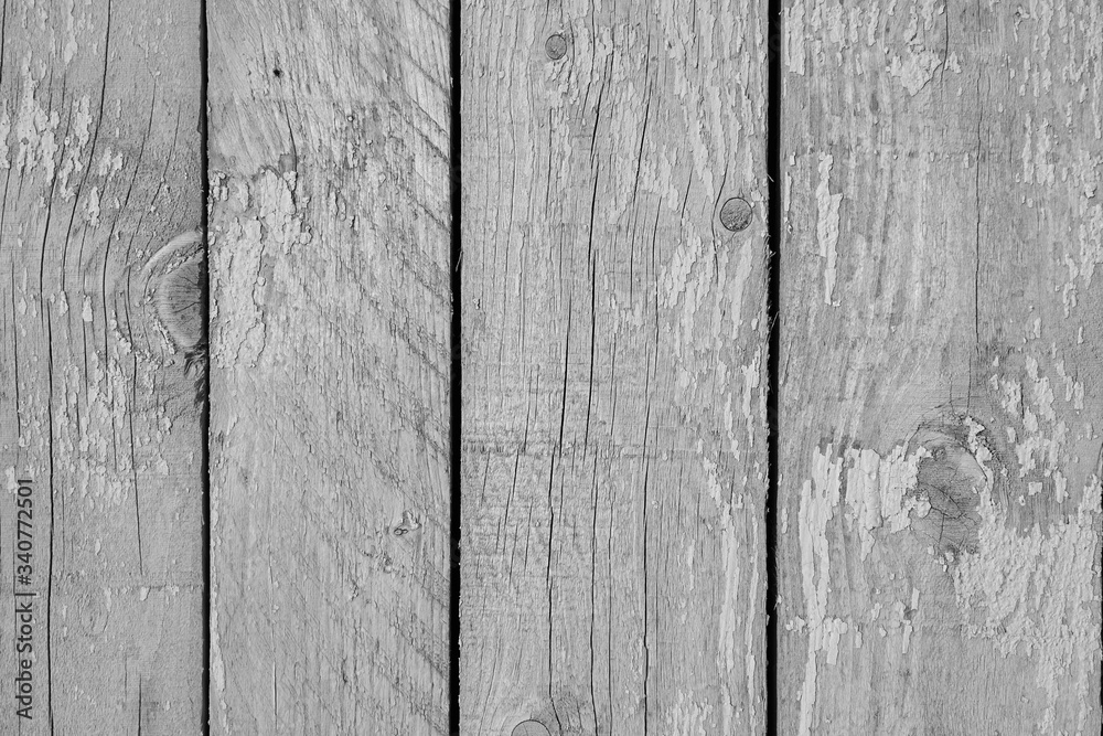 Naklejka premium An old wall of wooden boards as a background in black and white. Copy space.