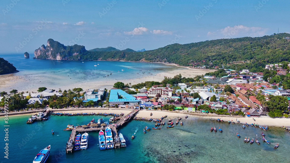 Aerial view of Phi Phi Island Port and Tonsai Pier, Thailand