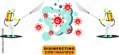 2 Man in Hazmat suit and disinfecting coronavirus cells epidemic mers-CoV virus disinfect protection. Corona virus pandemic health risk. Together we stop covid 19 campaign.