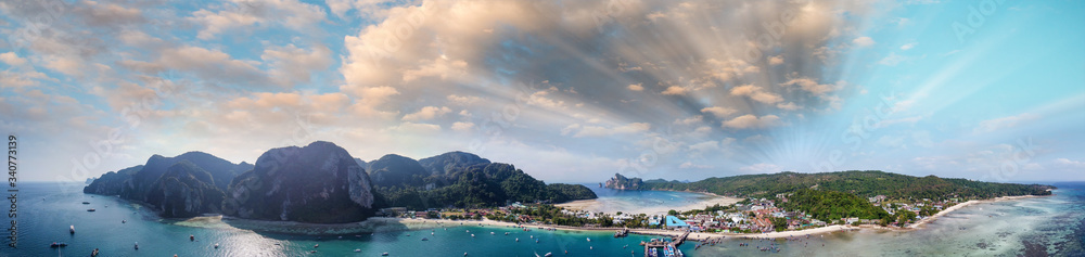 Panoramic aerial view of Tonsai Pier and Phi Phi Don coastline, Thailand