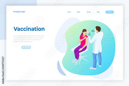 Isometric Time to vaccinate concept. Doctor or nurse, scientist giving patient vaccine, COVID-19, flu or influenza shot or taking blood test with a needle. Medicine, vaccination.