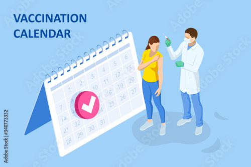 Isometric Time to vaccinate concept. Doctor or nurse, scientist giving patient vaccine, COVID-19, flu or influenza shot or taking blood test with a needle. Medicine, vaccination.