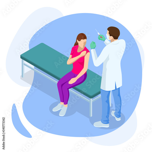 Isometric Time to vaccinate concept. Doctor or nurse, scientist giving patient vaccine, COVID-19, flu or influenza shot or taking blood test with a needle. Medicine, vaccination.