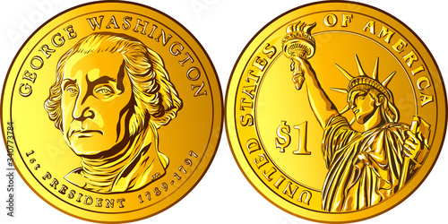 American money Presidential dollar coin, with first president of the United States George Washington on obverse and Statue of Liberty on reverse