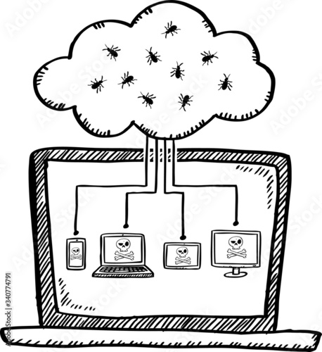 Cartoon style doodle of notebook with cloud connection infected by computer bugs