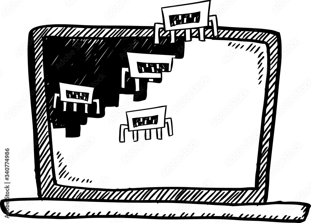 Cartoon style doodle of notebook infected by virus. Cartoon style doodle of notebook infected by virus.