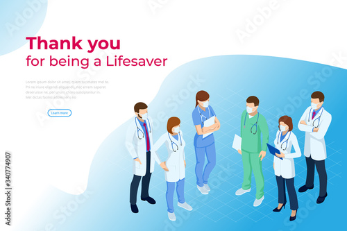 Isometric concept of Thank you doctors and nurses working in the hospitals and fighting the coronavirus. Stop COVID-19