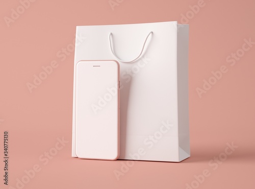 3D Illustration. Smartphone with shopping bag.