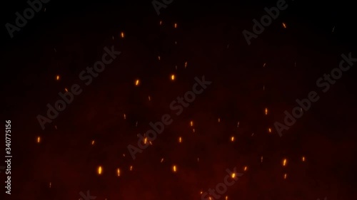 Burning red hot flying sparks fire in the night sky. Beautiful abstract fiery orange glowing flying on black background in 4k.